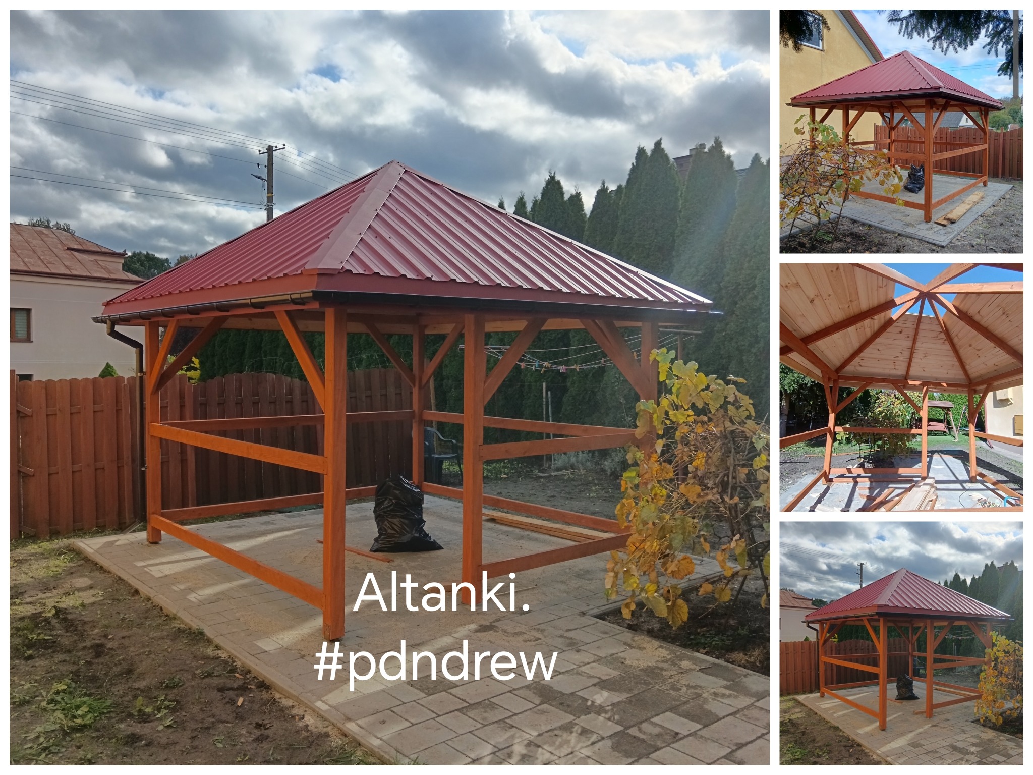 Drewniana konstrukcja altany z czerwonym dachem blaszany, widok z zewnątrz i od spodu, na wybrukowanym tarasie, w tle dom i drzewa.