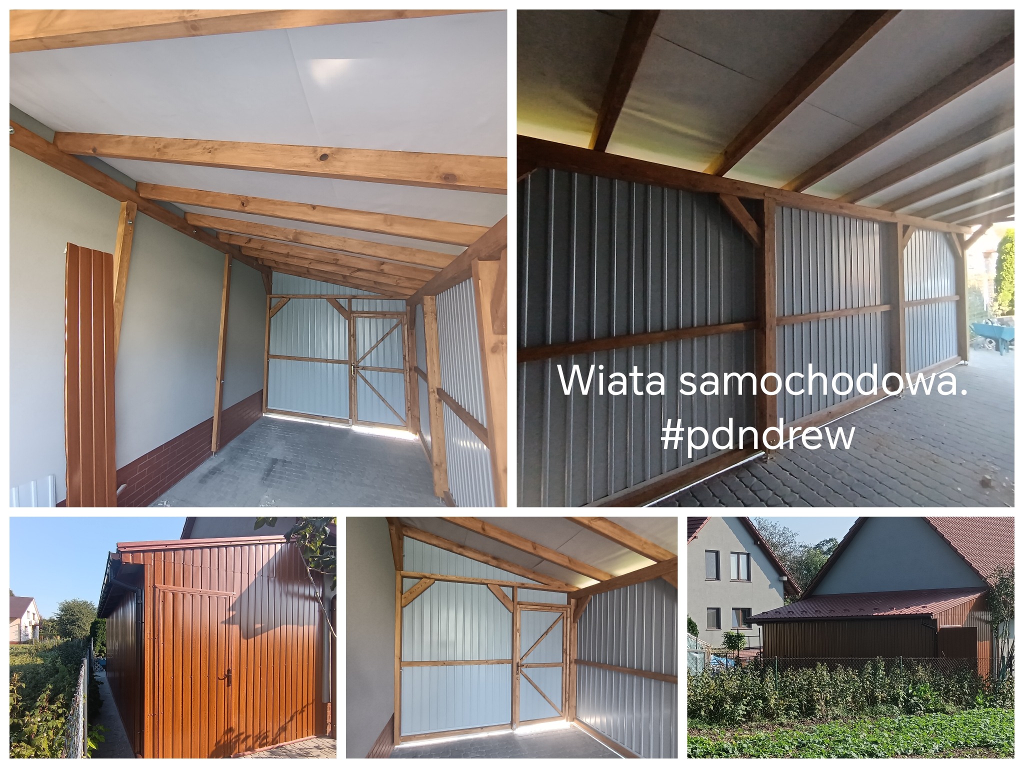 Zadaszona wiata samochodowa z drewnianą konstrukcją i blachą falistą, widok z zewnątrz i wewnątrz, z elementami wykończenia w kolorze brązowym.