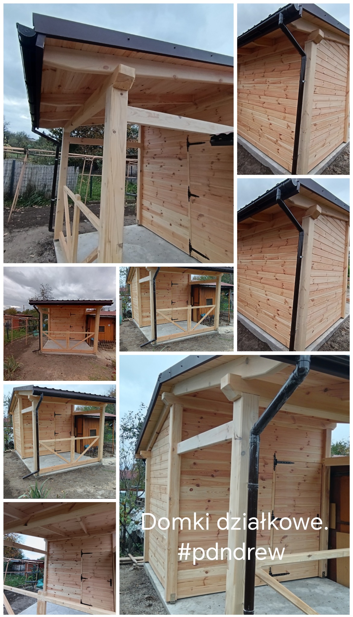 Nowo wybudowana, drewniana konstrukcja z zadaszeniem i barierką, prawdopodobnie domek narzędziowy lub letniskowy, z widocznymi elementami wykończeniowymi, takimi jak rynny i okucia drzwi, na tle...