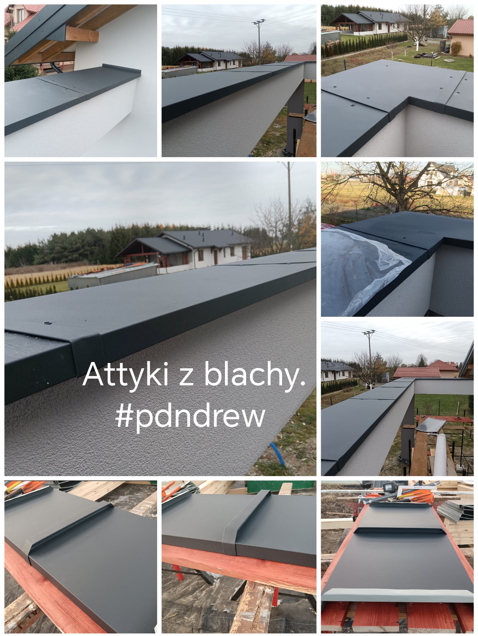 Szare, metalowe obróbki blacharskie na attyce budynku, widoczne detale łączeń i mocowań, tło stanowią budynki mieszkalne i pochmurne niebo, na dole zdjęcia widoczne przygotowane elementy...