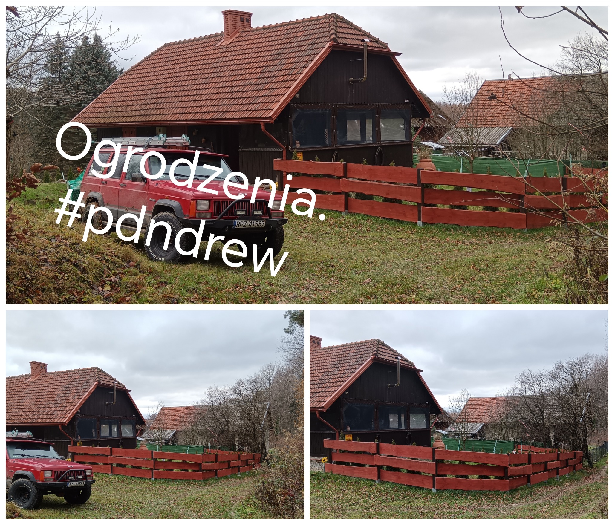Czerwony Jeep Cherokee z drabiną na dachu stoi przed drewnianym domem z czerwonym dachem i nowo postawionym, pomalowanym na czerwono ogrodzeniem z desek.