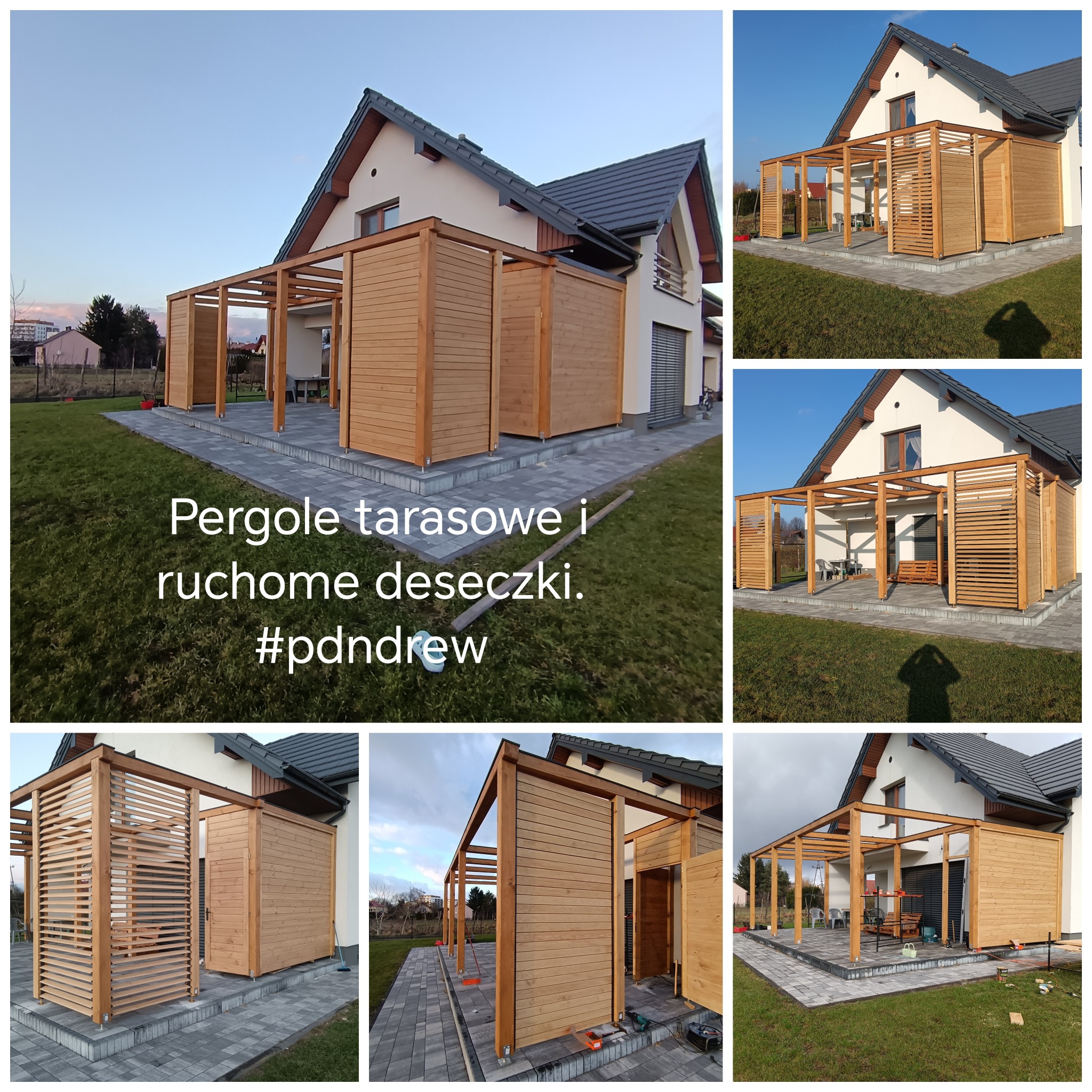 Nowoczesna pergola tarasowa z drewnianymi panelami osłonowymi, zamontowana przy domu z szarą dachówką, widok z zewnątrz.