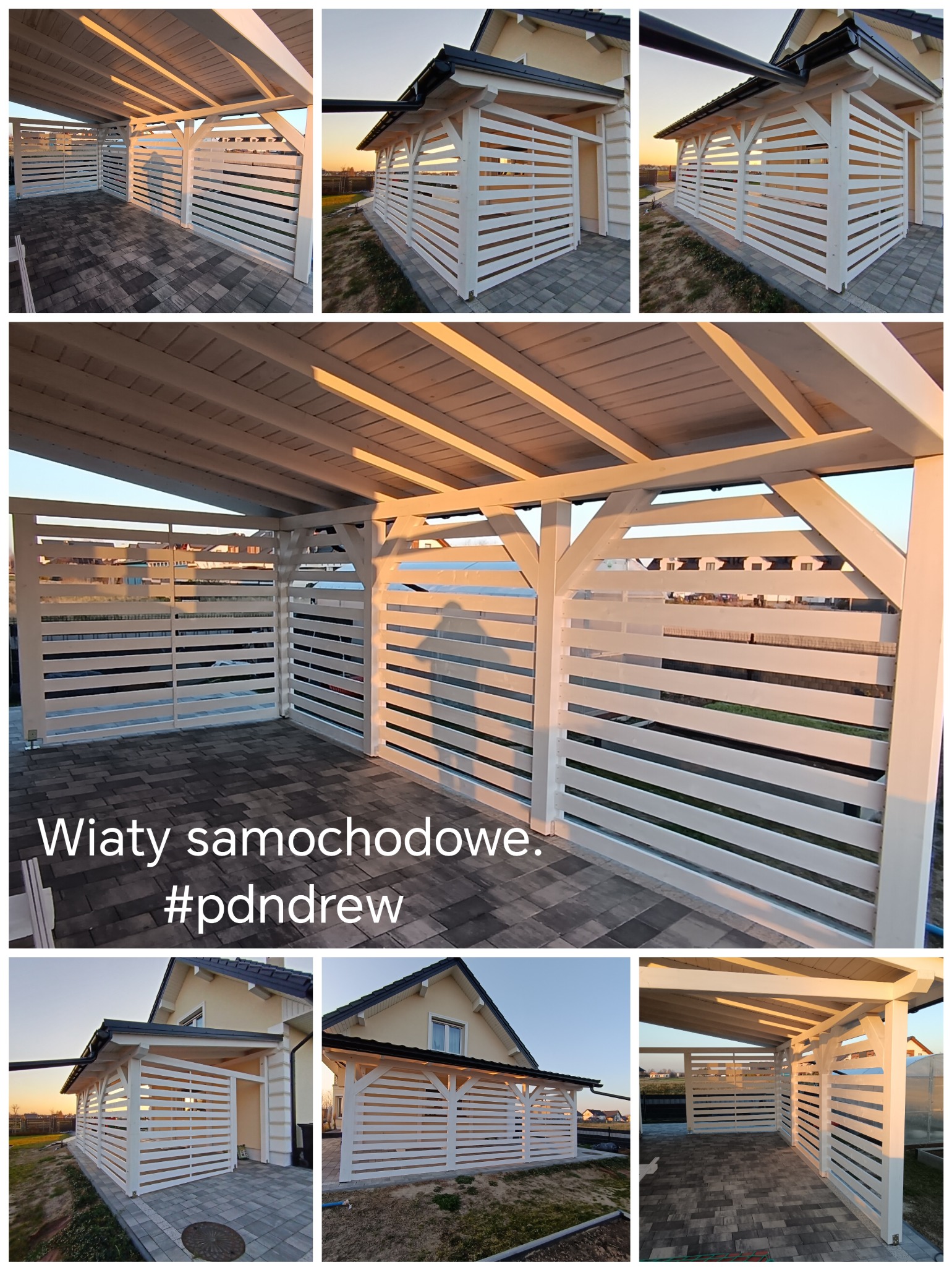 Biała, drewniana konstrukcja wiaty samochodowej z poziomymi szczeblami, widok z różnych perspektyw, na tle kostki brukowej i domu jednorodzinnego.