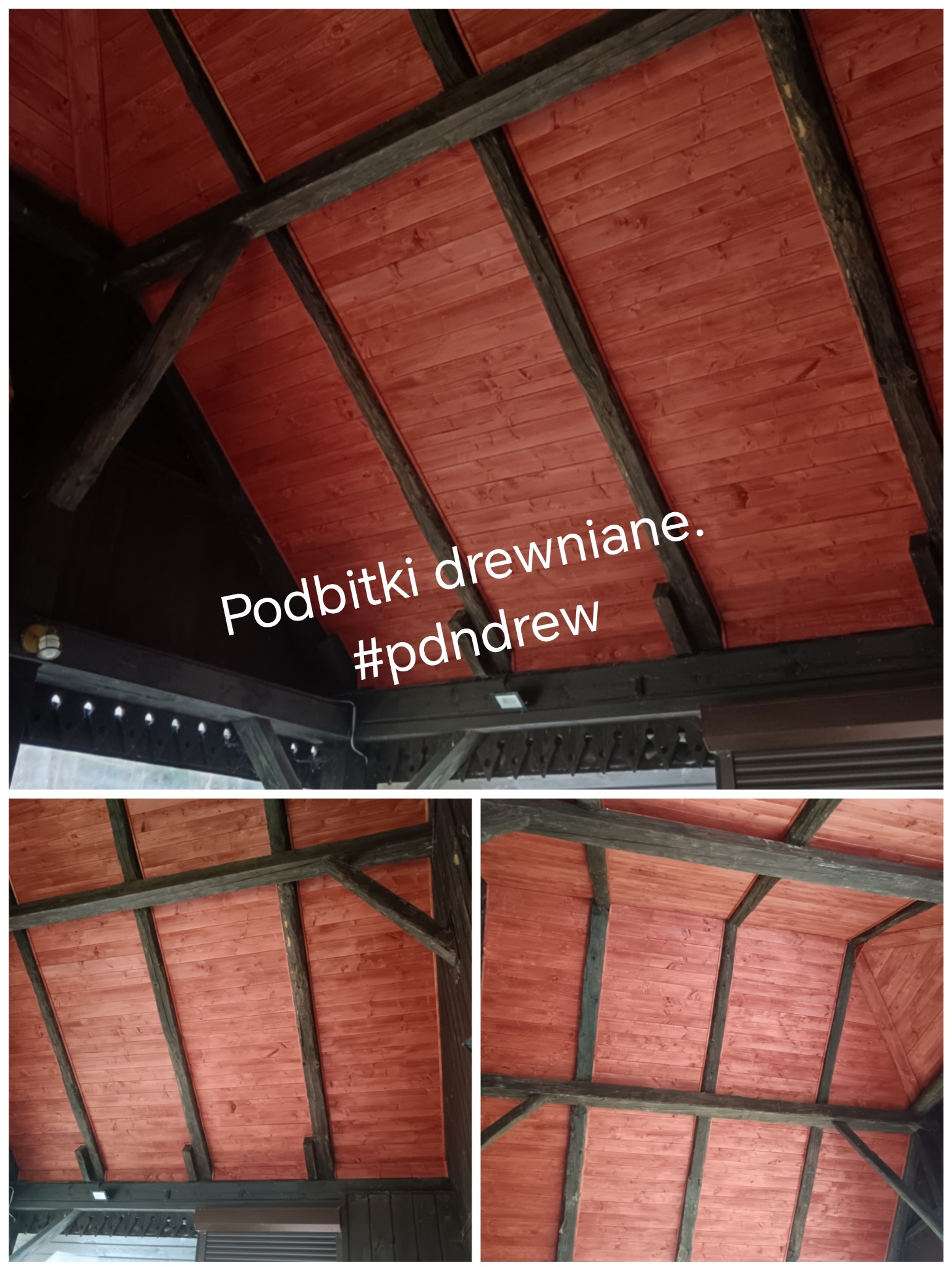 Czerwona drewniana podbitka dachowa z ciemnymi belkami konstrukcyjnymi, widok z dołu, w tle fragment oświetlenia zewnętrznego i elementów dekoracyjnych.