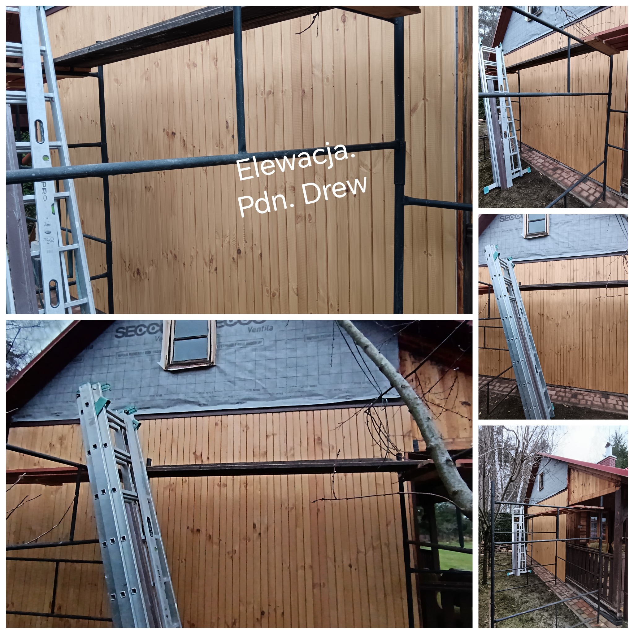 Montaż drewnianej elewacji na budynku jednorodzinnym, widoczne rusztowanie i drabina oparta o ścianę, częściowo ukończona izolacja dachu.