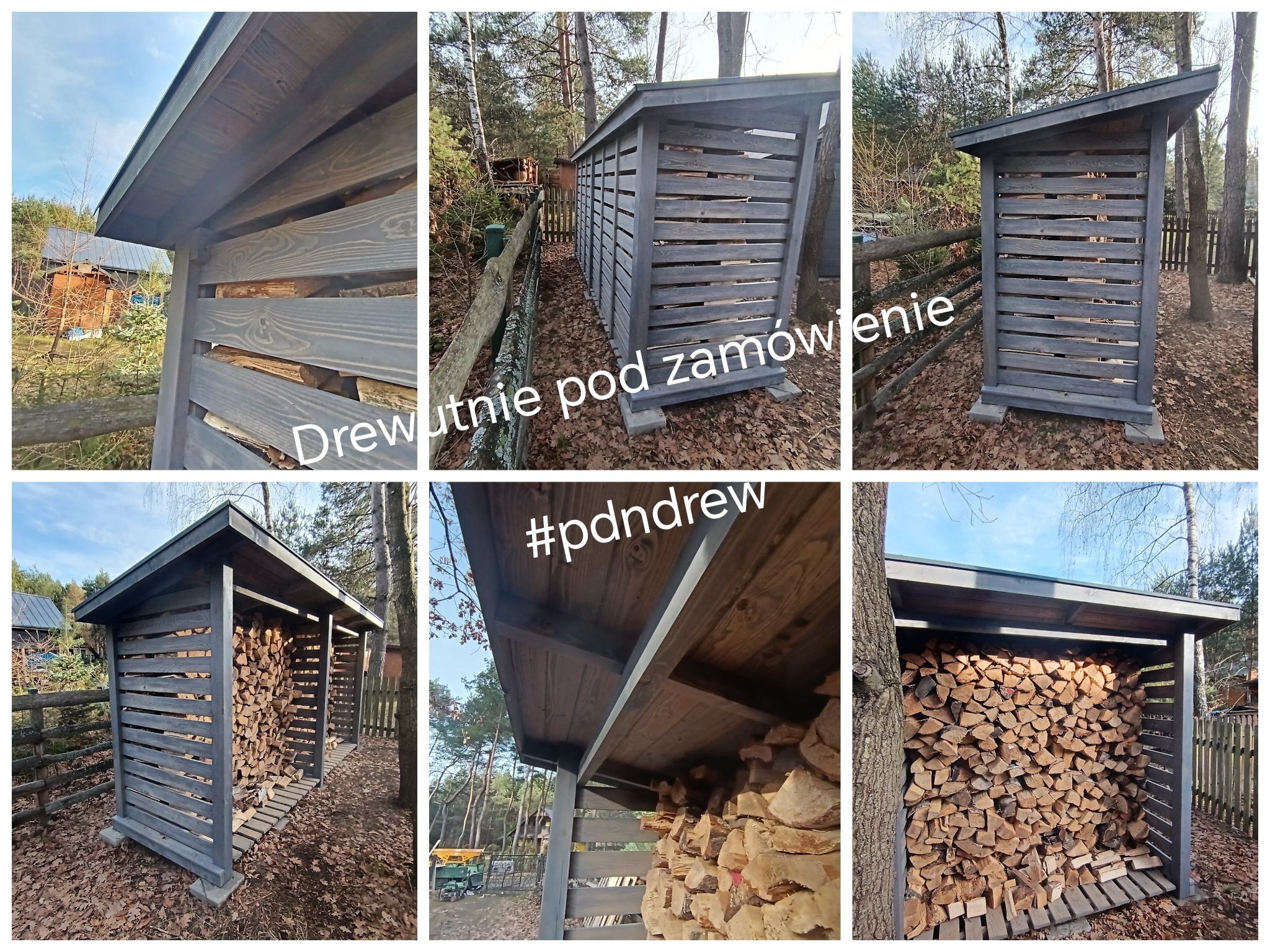 Szara, drewniana wiata na drewno opałowe z poziomymi szczeblami, wypełniona pociętymi kawałkami drewna, na tle leśnego krajobrazu.