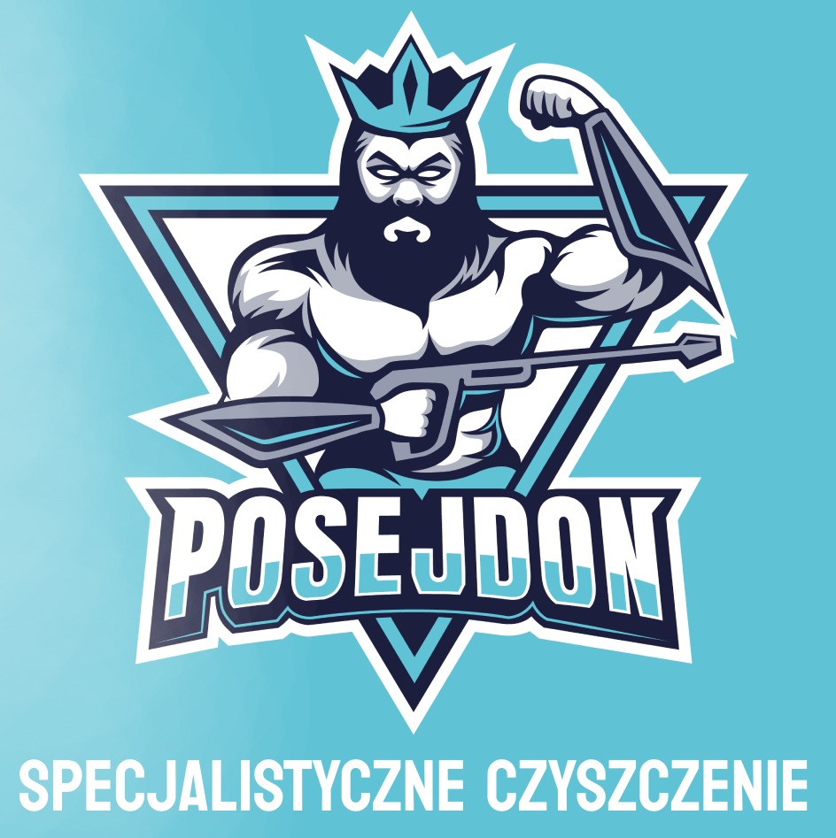 Grafika wektorowa przedstawiająca muskularnego Posejdona z koroną, trzymającego lance ciśnieniową na tle trójkąta, z napisem 'POSEJDON' i 'SPECJALISTYCZNE CZYSZCZENIE' w kolorze błękitnym.