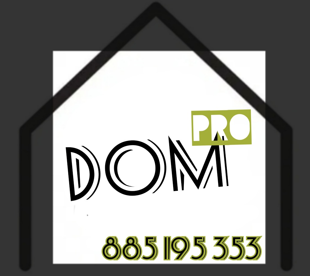 Logo firmy 'DOM PRO' z numerem telefonu 885 195 353, umieszczone w obrysie domu na szarym tle.