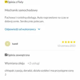 Zrzut ekranu z pozytywnymi opiniami klientów na temat mechanika samochodowego w aplikacji Fixly Pro, z ocenami pięciogwiazdkowymi i komentarzami o fachowej obsłudze i szybkim działaniu.