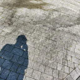 Częściowo umyta kostka brukowa z widocznym cieniem osoby fotografującej, ukazująca różnicę w czystości przed i po zabiegu.