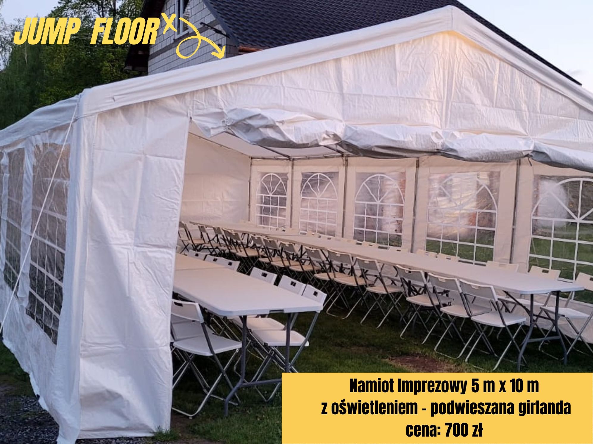 Biały namiot imprezowy 5x10m z oknami, oświetleniem girlandą, wyposażony w białe stoły i krzesła, ustawiony na zewnątrz.