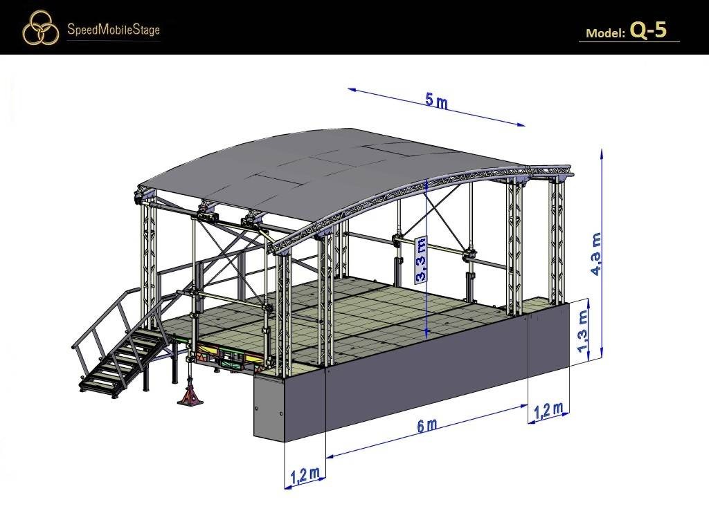 Rysunek techniczny mobilnej sceny z zadaszeniem, o wymiarach 5x6 metrów i wysokości 4.3 metra, model Q-5, z widocznymi schodami i konstrukcją kratownicową.