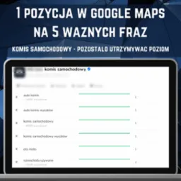 Ranking fraz kluczowych 'komis samochodowy' na urządzeniu z ekranem, prezentujący pozycje w Google Maps i liczbę wyszukiwań.