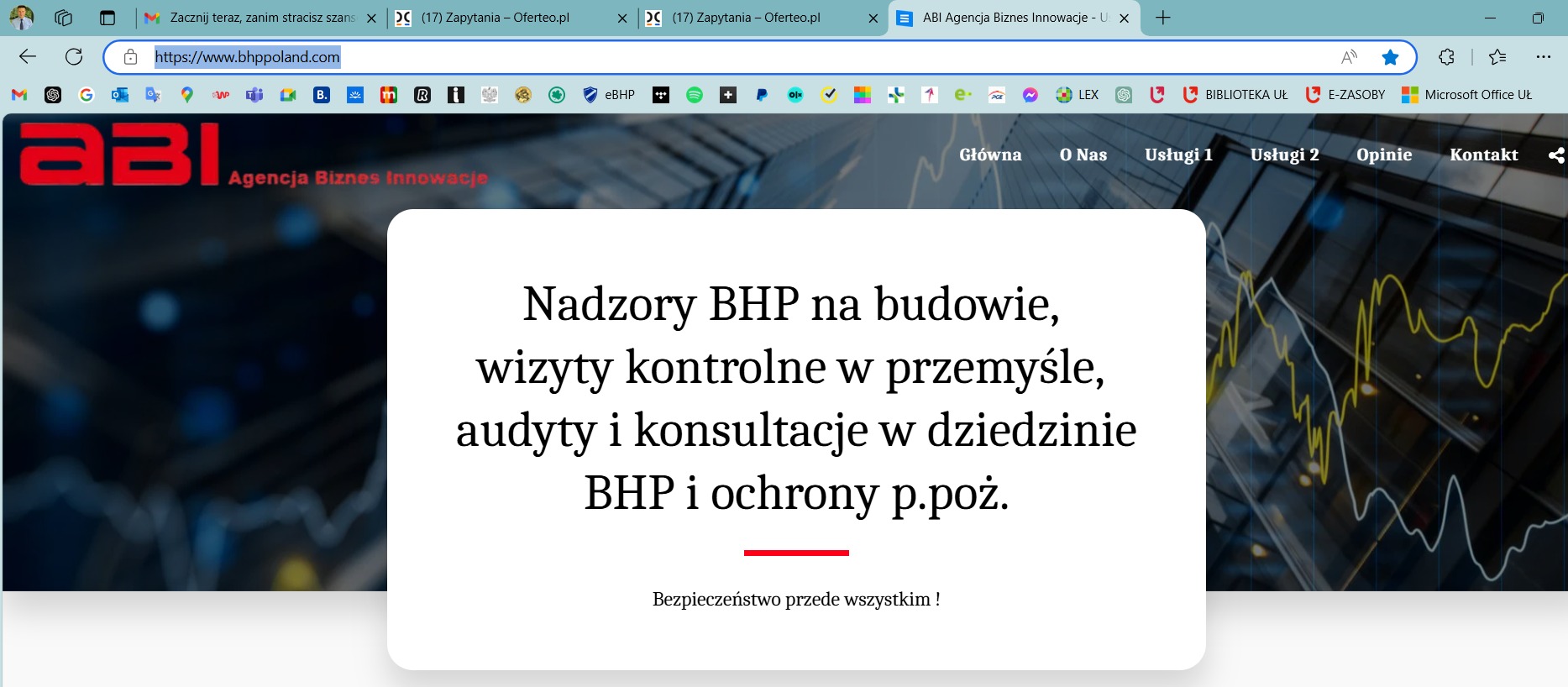 Strona internetowa firmy ABI Agencja Biznes Innowacje z informacją o nadzorach BHP na budowie, wizytach kontrolnych w przemyśle, audytach i konsultacjach w dziedzinie BHP i ochrony ppoż.