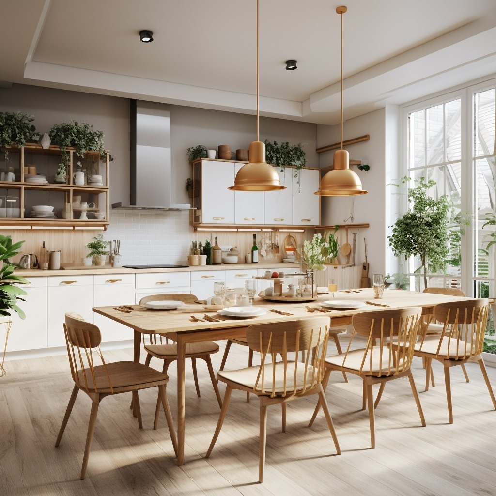 Jasna, nowoczesna kuchnia z drewnianym stołem jadalnym i krzesłami, oświetlona złotymi lampami wiszącymi. Duże okno z widokiem na zieleń. Na blacie kuchennym widoczne akcesoria i rośliny doniczkowe.