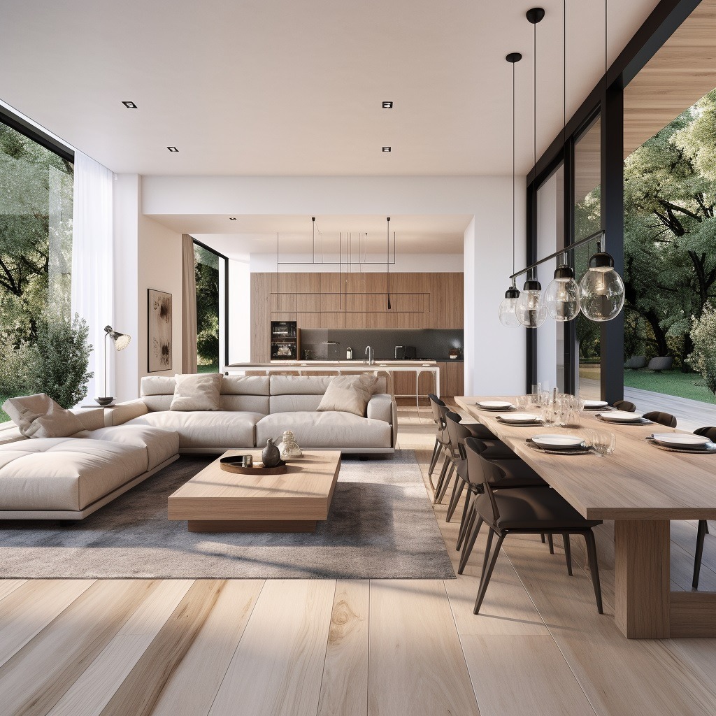 Jasne, przestronne wnętrze domu z otwartą kuchnią, salonem z narożną sofą i jadalnią ze stołem z drewna, oświetlone wiszącymi lampami i naturalnym światłem z dużych okien z widokiem na ogród.