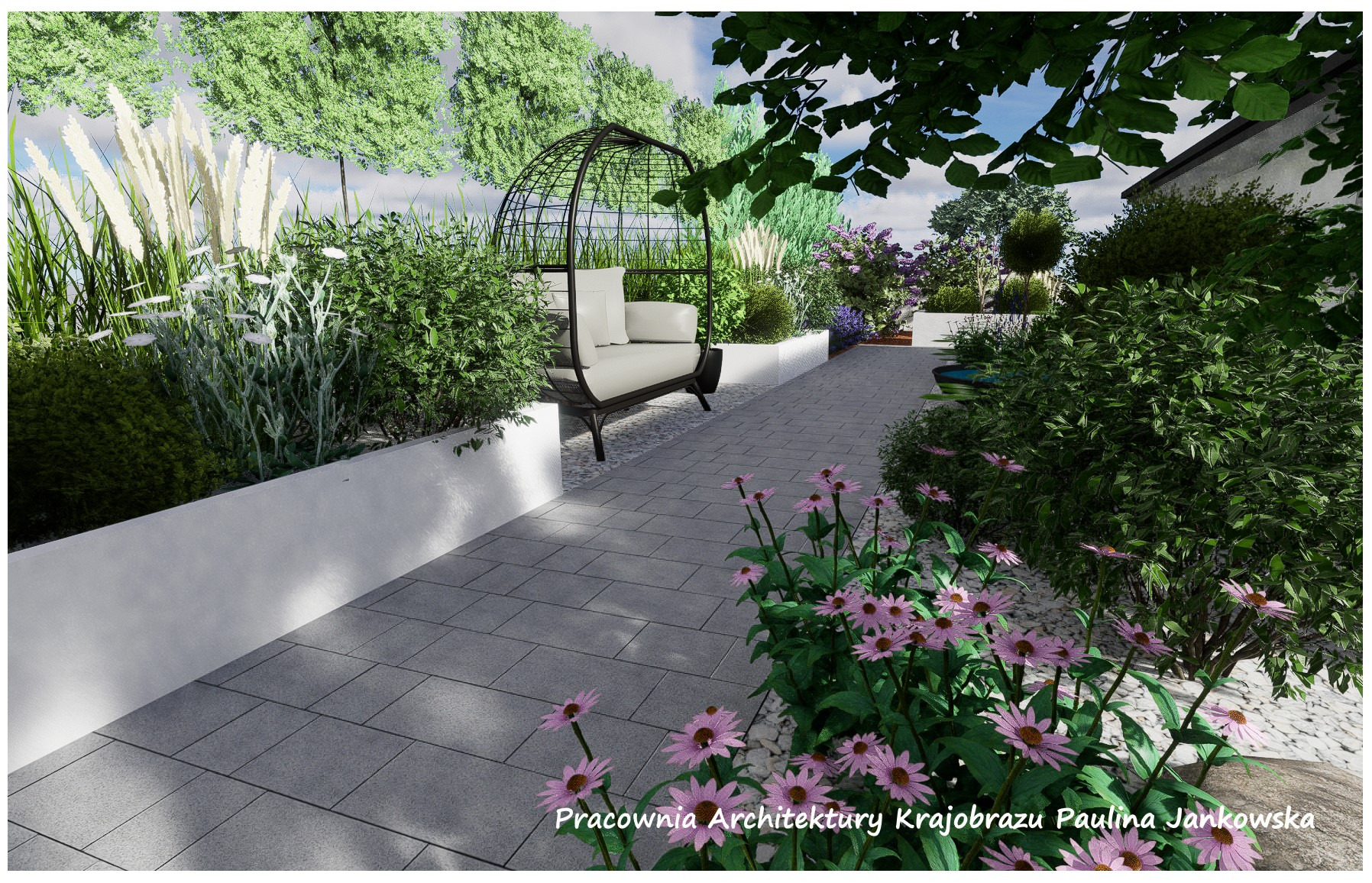 Wizualizacja ogrodu z ścieżką z szarych płyt, rabatami kwiatowymi z jeżówkami, ozdobnymi trawami i krzewami w białych donicach oraz metalową huśtawką z poduszkami.