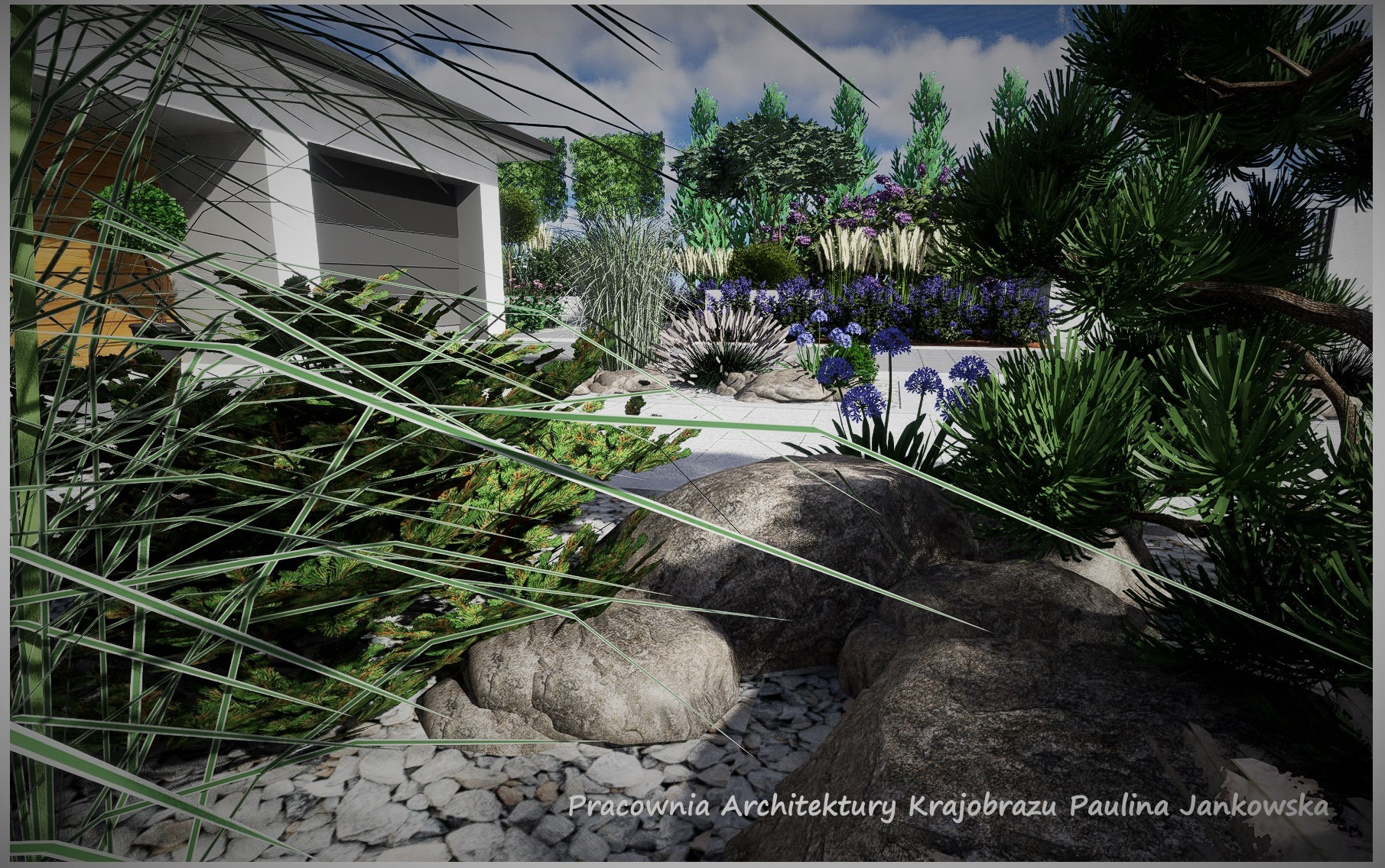 Wizualizacja ogrodu z nowoczesnym domem w tle, z akcentem na kamienne rabaty i różnorodne rośliny, w tym trawy ozdobne i kwitnące agapanty.