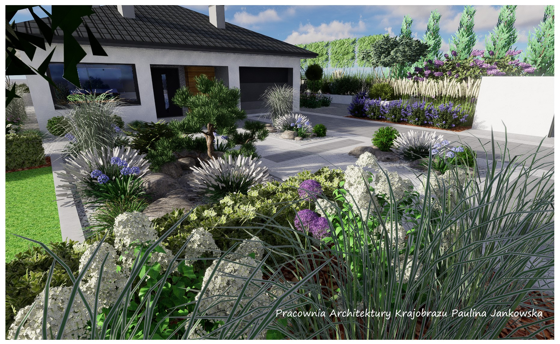 Wizualizacja projektu ogrodu przydomowego z nowoczesną architekturą domu, ozdobnymi trawami, kwitnącymi roślinami i ścieżką z płyt.