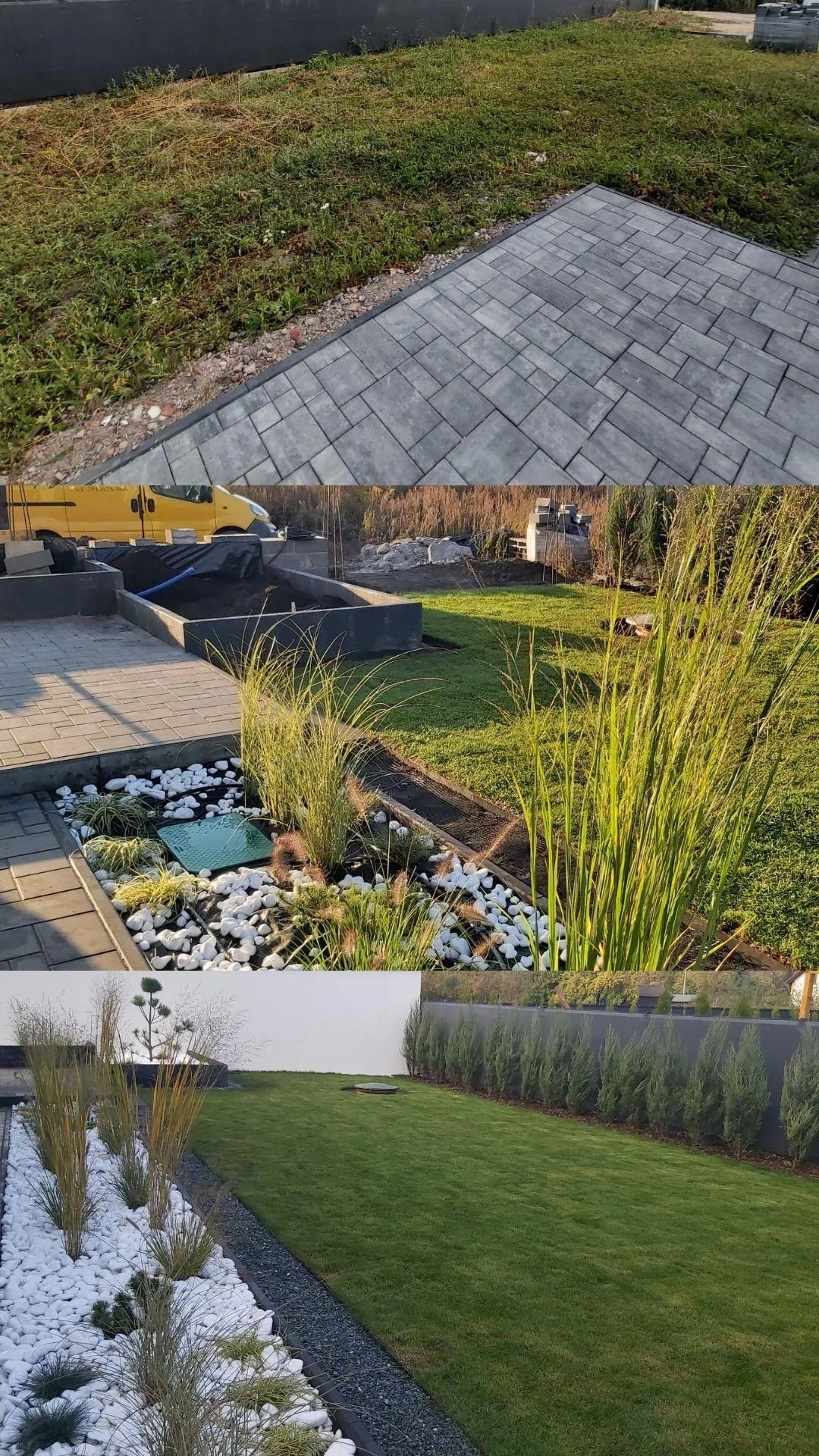 Nowoczesny ogród w trakcie zakładania: rabaty z białym kamieniem, ozdobne trawy, równo przystrzyżony trawnik, elementy betonowe w tle, żółty samochód dostawczy w oddali.