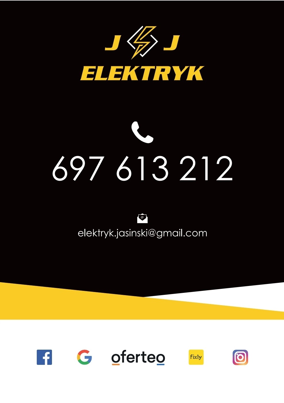 Czarno-żółte logo firmy elektrycznej J Elektryk z numerem telefonu, adresem email i logotypami Oferteo, Facebook, Google i Instagram.