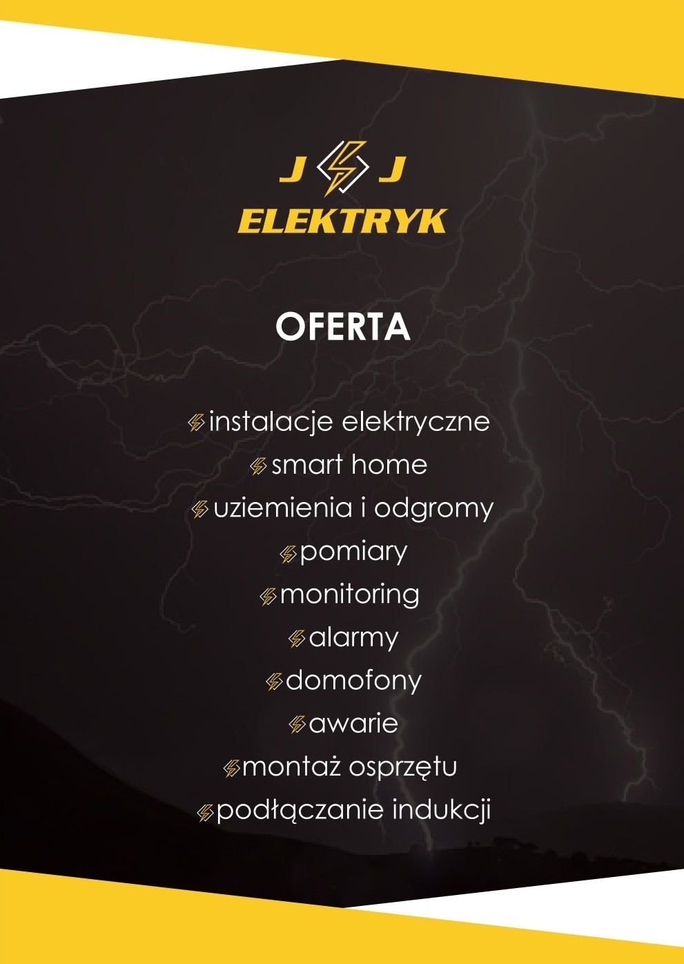 Grafika reklamowa firmy elektrycznej J&J Elektryk, prezentująca ofertę usług: instalacje elektryczne, smart home, uziemienia i odgromy, pomiary, monitoring, alarmy, domofony, awarie, montaż...
