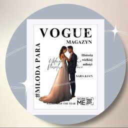 FotoBudka360 - Zdjęcie okładki magazynu Vogue z parą młodą w strojach ślubnych, z hasłem #MŁODAPARA i tekstem 'Usługi Molline Weselno Eventowe', Wedding of the Year, oraz kodem QR.
