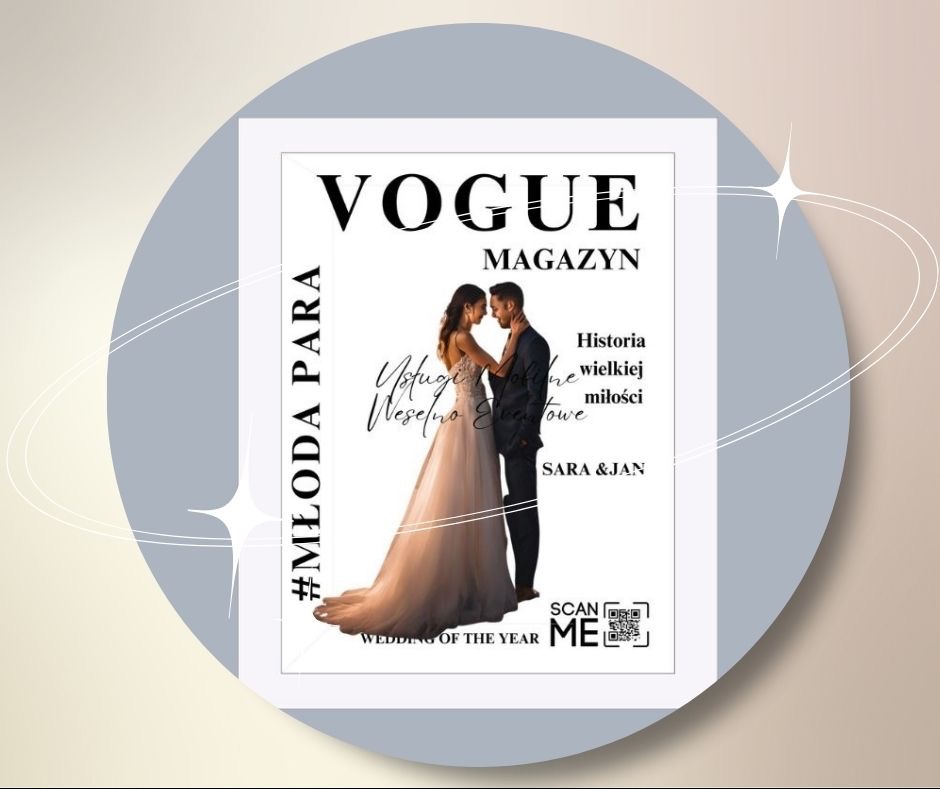 Zdjęcie okładki magazynu Vogue z parą młodą w strojach ślubnych, z hasłem #MŁODAPARA i tekstem 'Usługi Molline Weselno Eventowe', Wedding of the Year, oraz kodem QR.