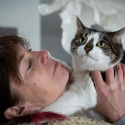 Kobieta z bliska, leżąca na boku, trzymająca pod szyją brązowo-białego kota z zielonymi oczami, patrzącego w górę.