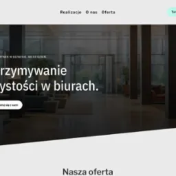 Eleganckie wnętrze biurowe z napisem 'Utrzymywanie czystości w biurach' i logo firmy ELEMAT. Nowoczesne meble, rośliny doniczkowe i jasna podłoga.