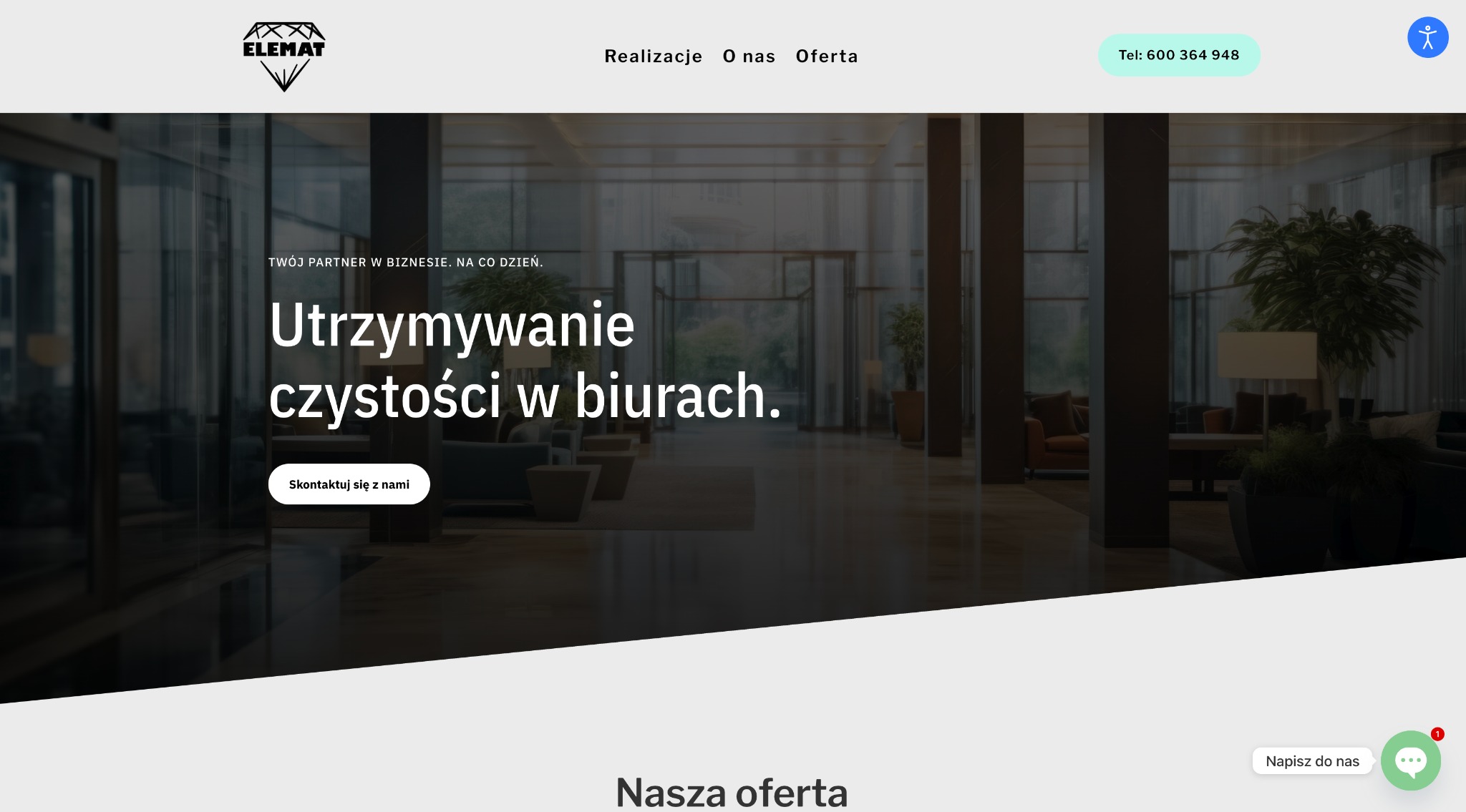 Eleganckie wnętrze biurowe z napisem 'Utrzymywanie czystości w biurach' i logo firmy ELEMAT. Nowoczesne meble, rośliny doniczkowe i jasna podłoga.