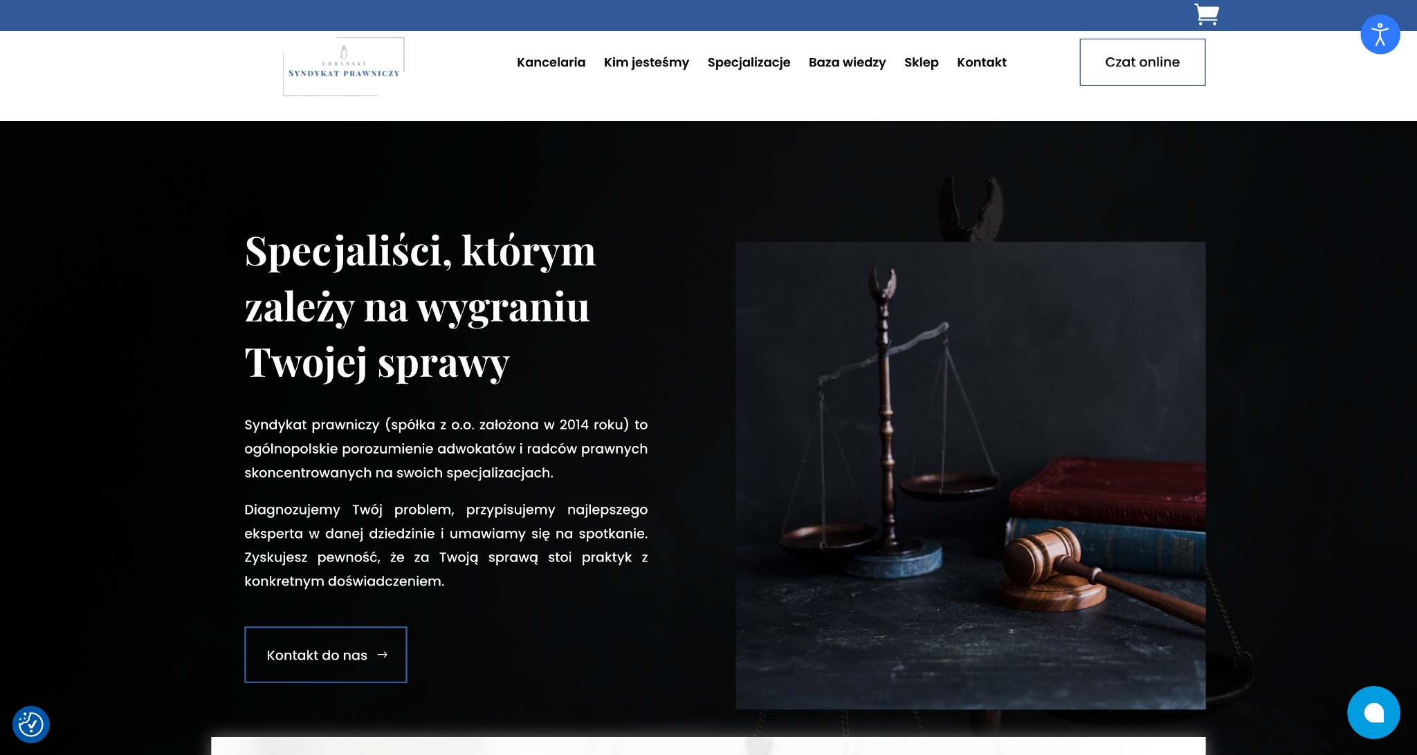 Strona internetowa syndykatu prawniczego z wagą sprawiedliwości, młotkiem i książkami. Napis: Specjaliści, którym zależy na wygraniu Twojej sprawy.