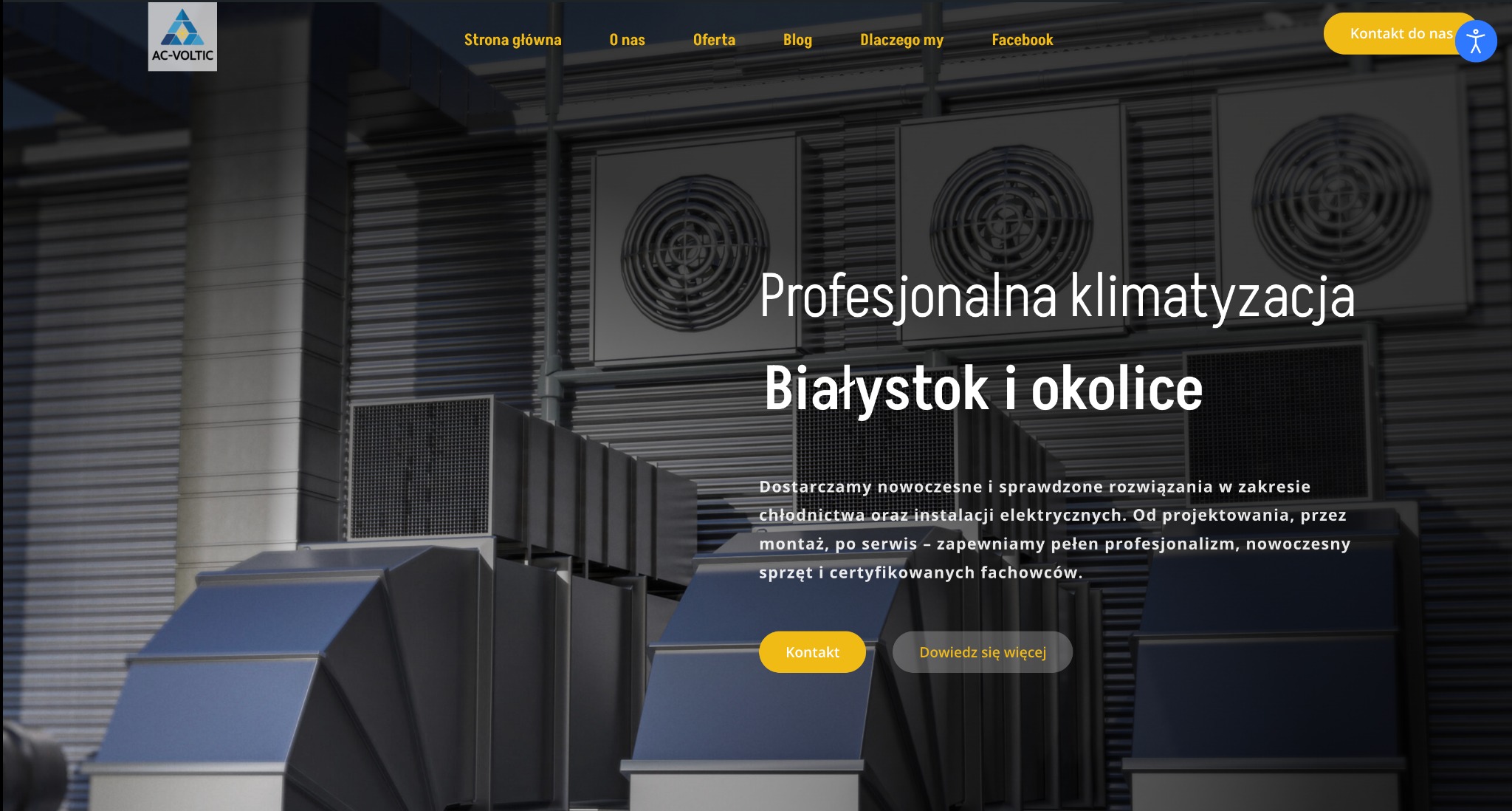 Strona internetowa firmy AC-VOLTIC z Białegostoku, oferującej profesjonalną klimatyzację i instalacje elektryczne. Tło stanowią elementy instalacji klimatyzacyjnej.