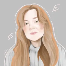 Cyfrowy portret kobiety z długimi, falującymi, rudymi włosami na szarym tle z ozdobnymi zawijasami.