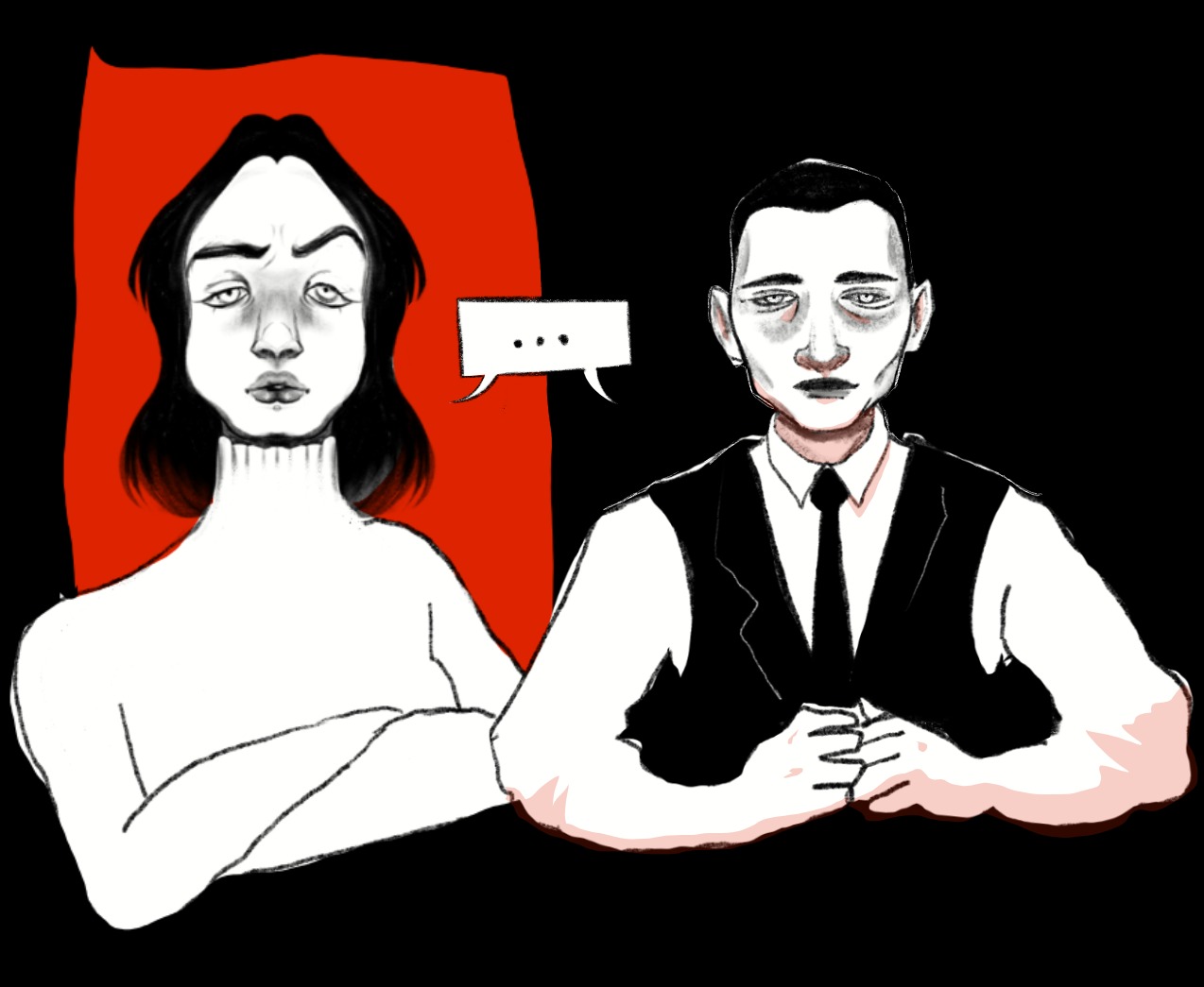Stylizowana ilustracja przedstawiająca dwie postacie: kobietę z założonymi rękami na czerwonym tle i mężczyznę w garniturze z zaciśniętymi dłońmi na czarnym tle, nad kobietą dymek z trzema kropkami.