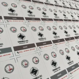 Arkusze z wydrukowanymi identyfikatorami 'Gość' i 'Media' na wydarzenie Surwiwalia 2023 w Kościelisku-Kirach, zawierające logo wydarzenia i dane kontaktowe organizatora.