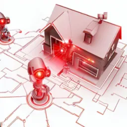 Stylizowana wizualizacja domu z robotami ochronnymi, przedstawiająca system zabezpieczeń i połączenia sieciowe w futurystycznym ujęciu.