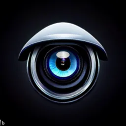 Stylizowana grafika oka kamery monitoringu z niebieską tęczówką i metalicznym wykończeniem na czarnym tle.