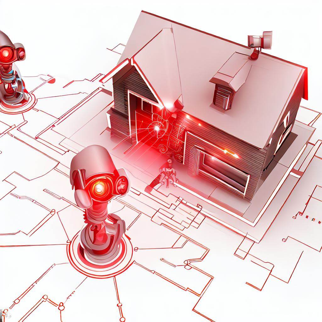 Stylizowana wizualizacja domu z robotami ochronnymi, przedstawiająca system zabezpieczeń i połączenia sieciowe w futurystycznym ujęciu.
