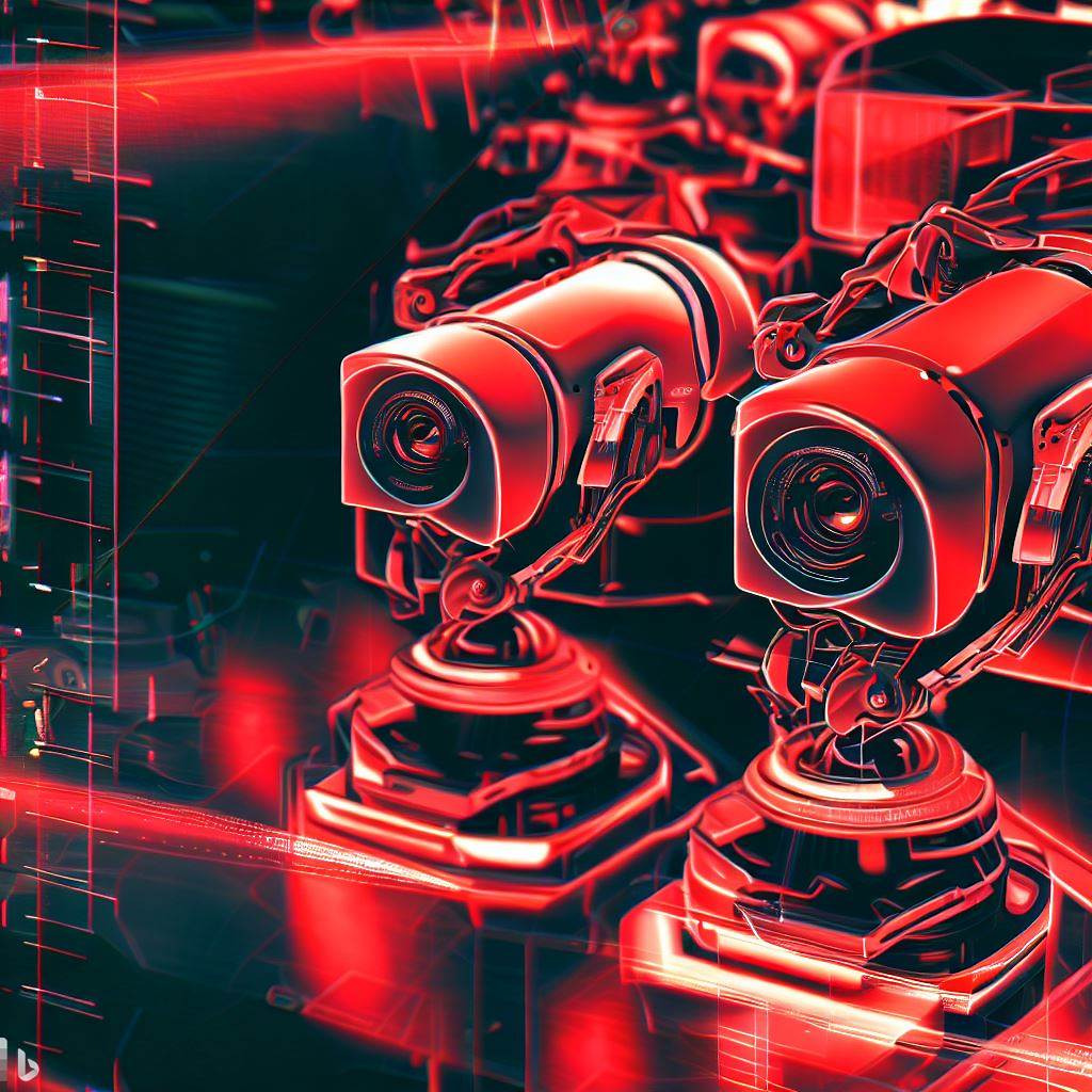Dwie futurystyczne kamery monitoringu w czerwonej poświacie, osadzone na obrotowych podstawach, z widocznymi elementami konstrukcyjnymi i elektronicznymi w tle.