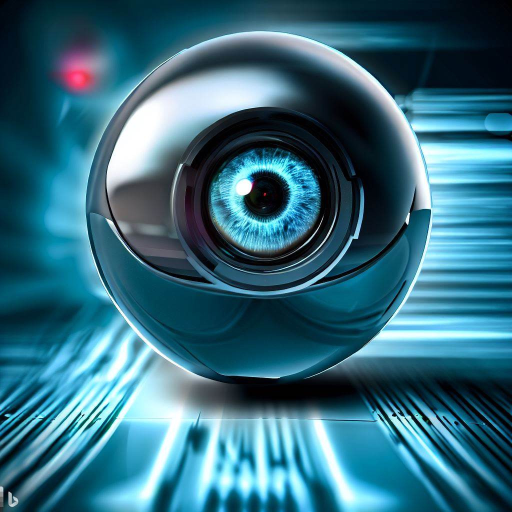 Futurystyczna kamera sferyczna z błękitnym okiem obiektywu, umieszczona na tle z poziomych, świetlnych linii.