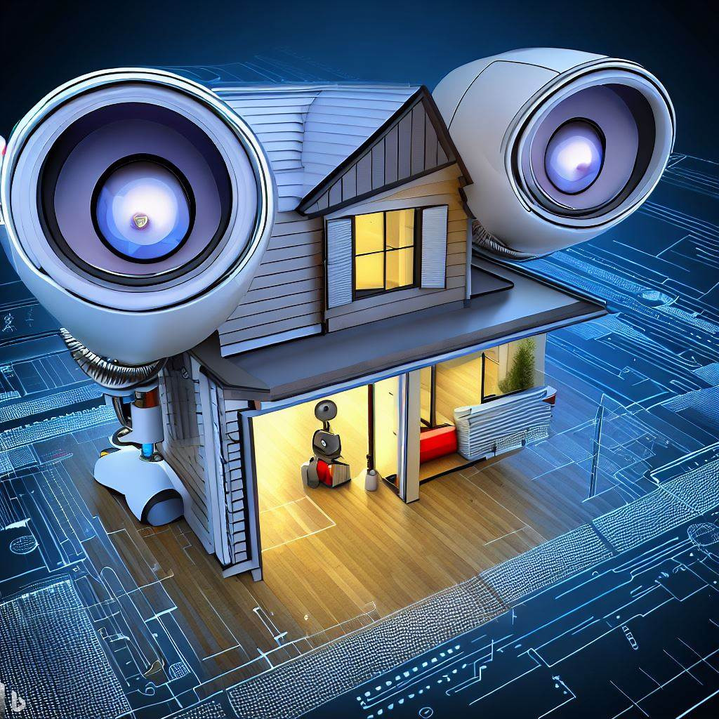 Futurystyczny dom z dwoma dużymi kamerami monitoringu zamiast okien, umieszczony na tle schematu elektronicznego.