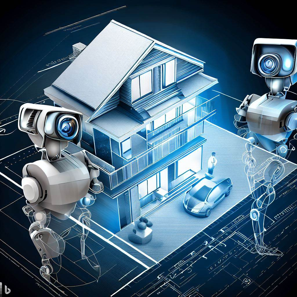 Stylizowany na plan architektoniczny, trójwymiarowy model domu z robotycznymi kamerami ochrony, zaparkowanym samochodem i postacią człowieka, wszystko w odcieniach błękitu i szarości.