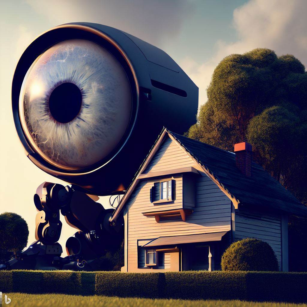 Futurystyczna wizja: Dom pod czujnym okiem gigantycznej kamery w kształcie oka, osadzonej na robotycznym ramieniu, strzegącej posesji.