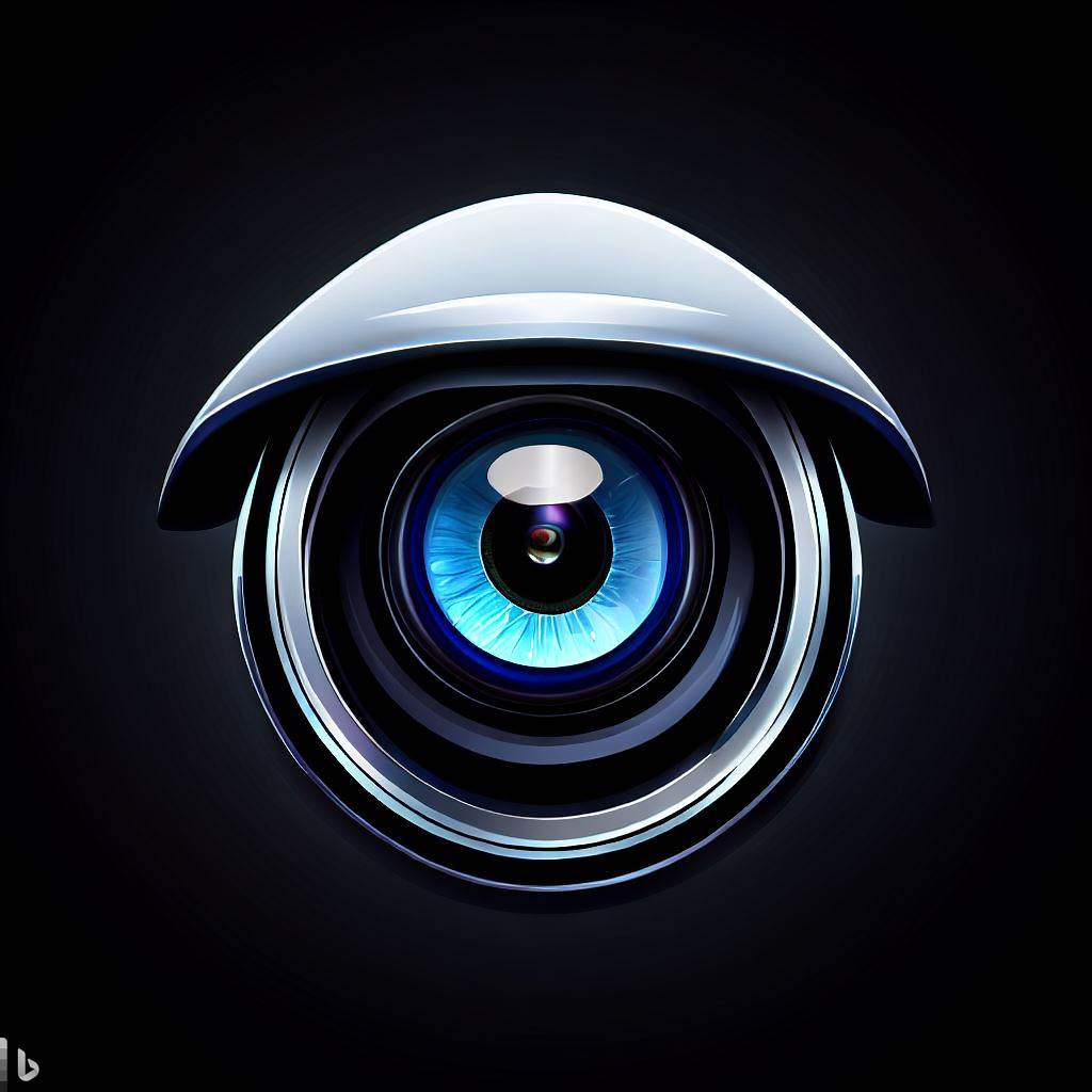 Stylizowana grafika oka kamery monitoringu z niebieską tęczówką i metalicznym wykończeniem na czarnym tle.