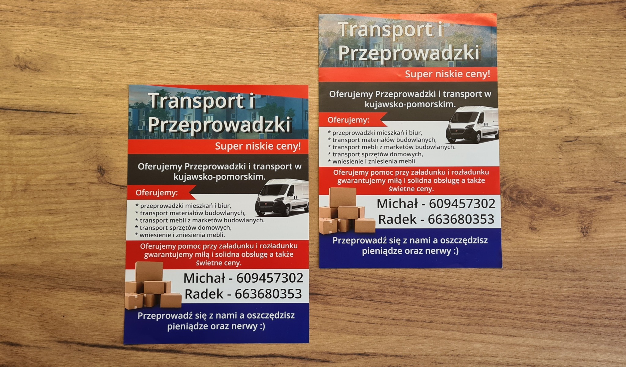 Dwie ulotki reklamowe firmy przeprowadzkowej ze Stolna, oferującej transport mieszkań, biur i materiałów budowlanych, widoczne numery telefonów kontaktowych.