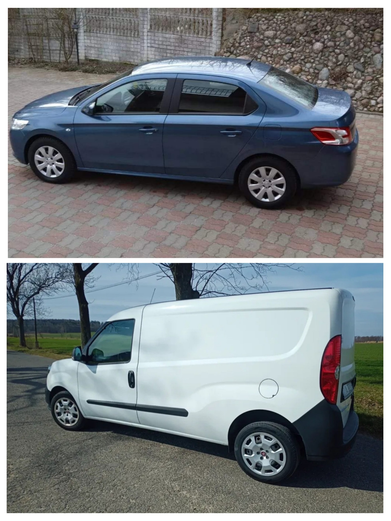 Dwa samochody: niebieski sedan zaparkowany na kostce brukowej oraz biały furgon na asfalcie, oba sfotografowane z boku w słoneczny dzień.
