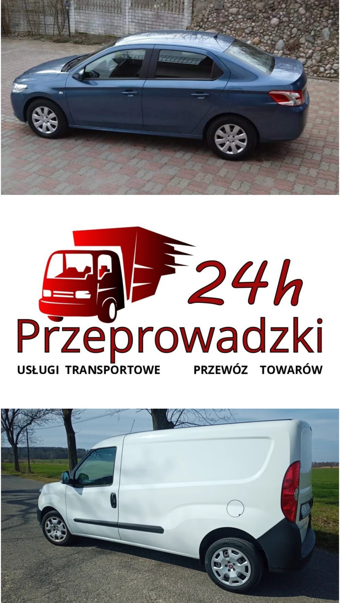 Kolaż zdjęć: niebieski sedan na kostce brukowej, logo firmy przeprowadzkowej z czerwonym samochodem ciężarowym i napisem '24h Przeprowadzki', biały furgon na asfalcie z drzewami w tle.