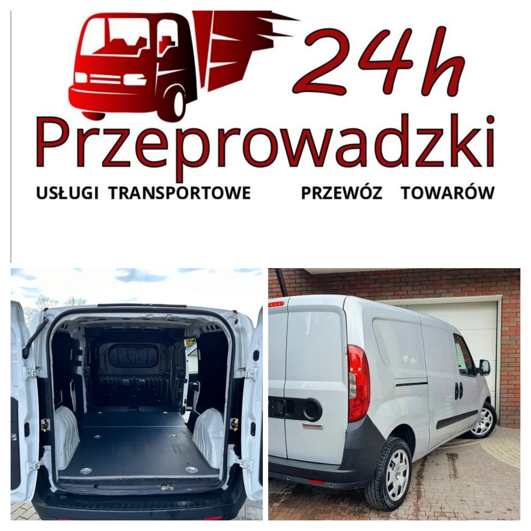 Biały bus transportowy z otwartymi drzwiami bagażnika, ukazujący puste wnętrze przestrzeni ładunkowej; widoczny również bok pojazdu na tle ceglanego muru i bramy garażowej.