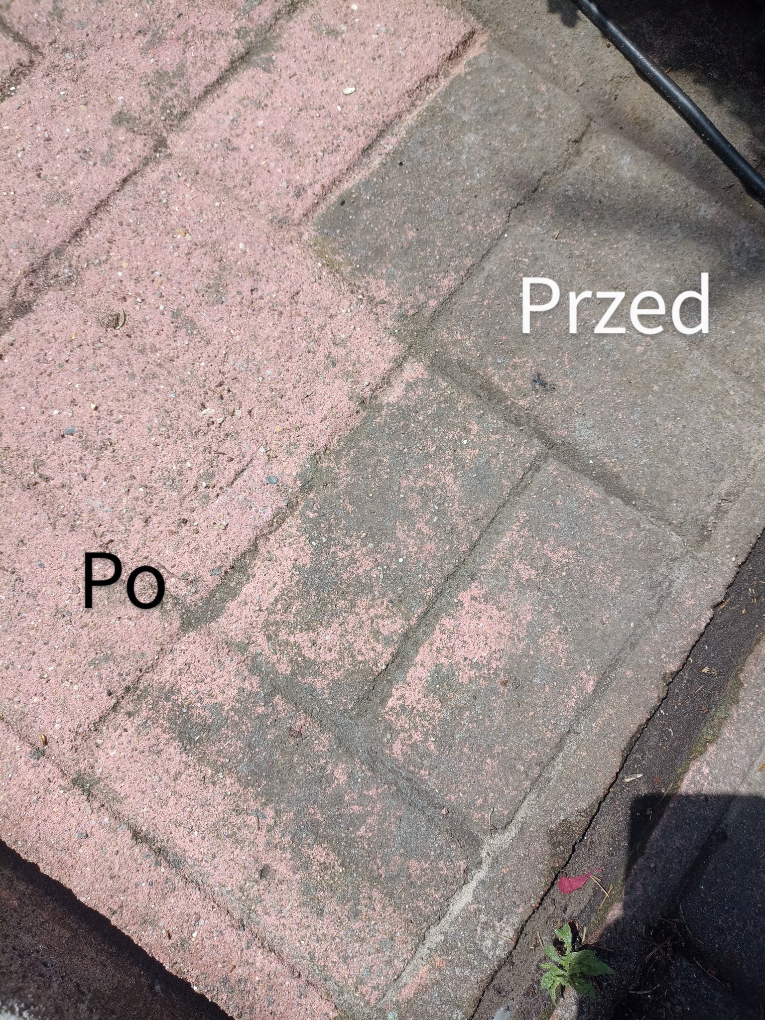 Częściowo wyczyszczona, czerwona kostka brukowa z widocznym efektem 'przed' i 'po' czyszczeniu, z napisem 'Przed' i 'Po'.